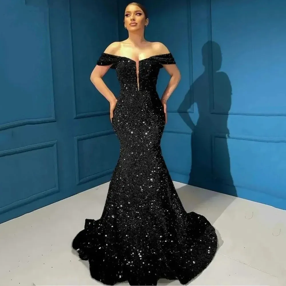 

Charming Black Sequins Evening Dresses Sparkly Mermaid Off The Shoulder Women Formal Party Gowns Vestidos De Fiesta 2023 Arabic