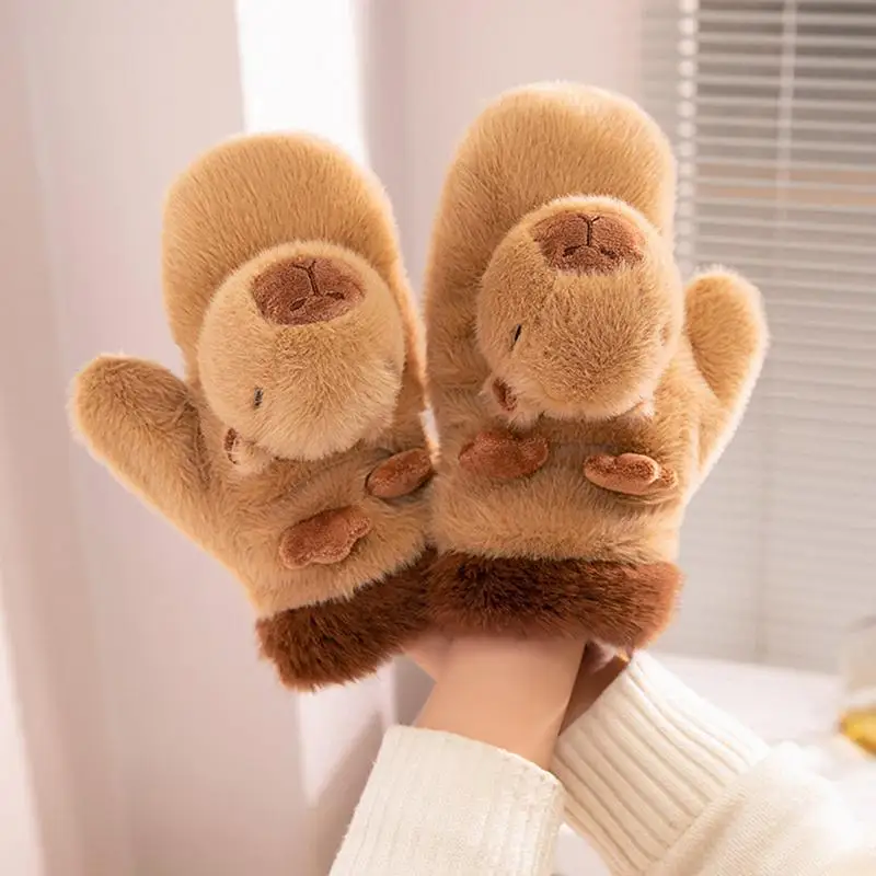 Cute Capybara Plush Gloves Winter Thermal Mittens Snow Gloves Capybara Plush Warm Gloves 2024 New Year Girls Gift For Outside