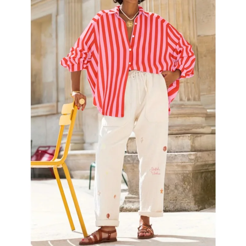 

Plus Size 1XL-5XL Women Summer New Turn-down Collar Shirt Vertical Striped Long Sleeve Lady Casual Blouse Top