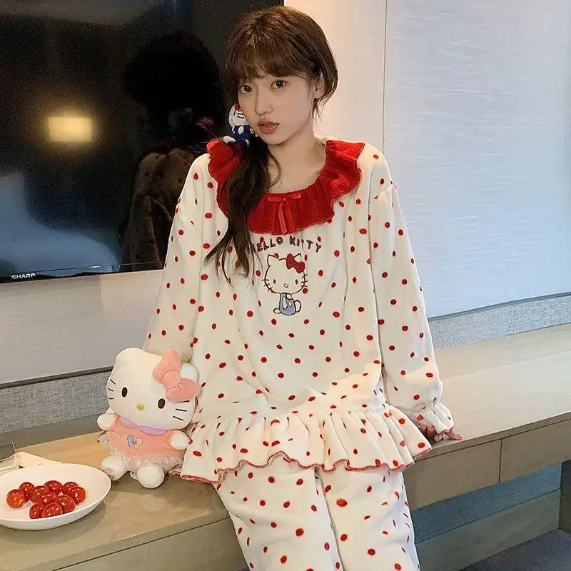 Pajamas Hello Kitty Flannel Autumn and Winter Thickened Sweet Cute Coral Velvet Winter Ladies Warm Home Clothes Comfortable Ins