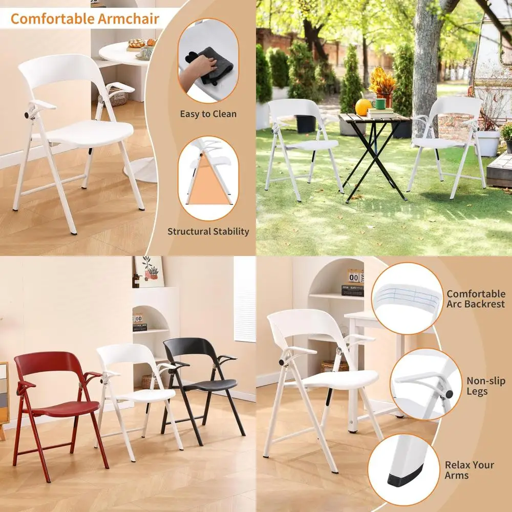 

Набор из 2 складных пластиковых стульев с подлокотниками, подходят для использования в помещении и на улице, идеально подходят для вечеринок и мероприятий, офисные, белые