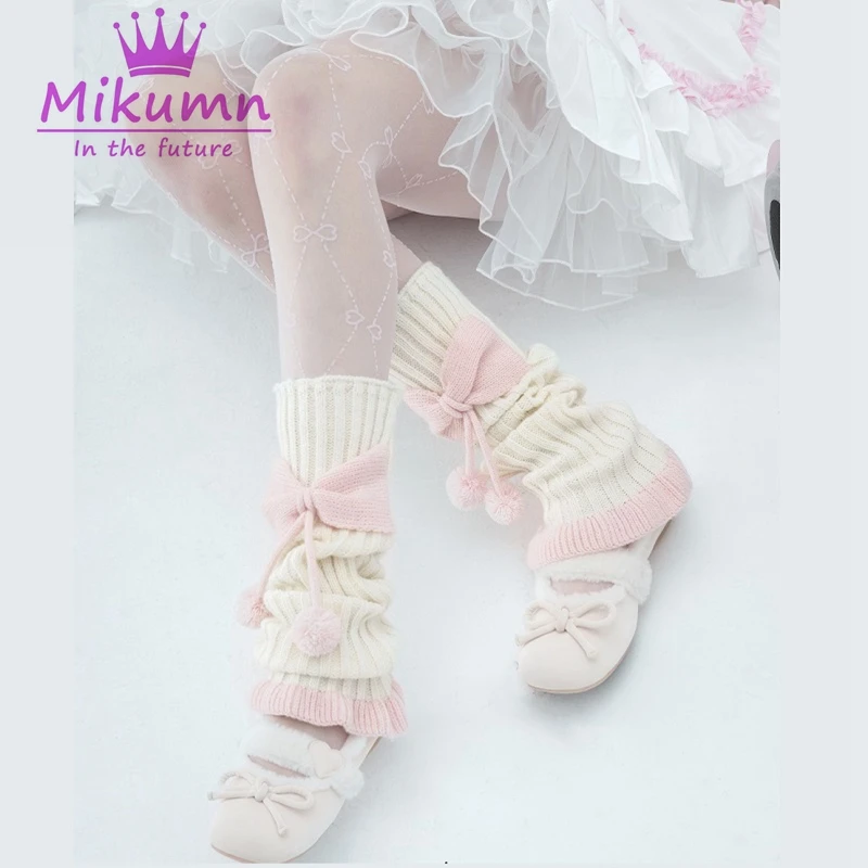 Harajuku – chaussettes chauffantes pour les jambes Y2k, en peluche, avec nœud papillon, Lolita japonaise, Kawaii, doux JK, à volants roses, tricoté, chaud