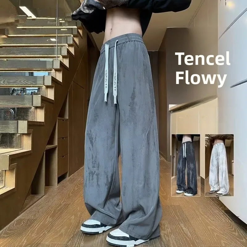 

Loose Straight Leg Men's Summer Pants Fashion Tie Dye Thin Ice Silk Youth Casual Trousers Comfortable Breathable Low Waist