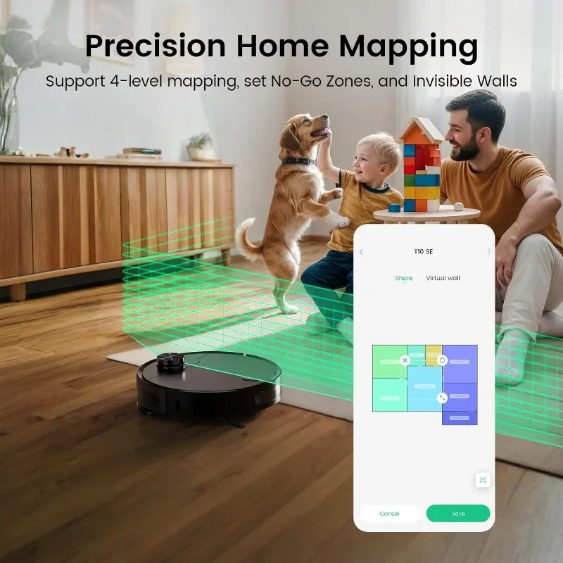 Робот-пылесос TUVACS для уборки, лидарная навигация и невидимая настройка стен, идеально подходит для уборки твердых полов, ковров и волос домашних животных