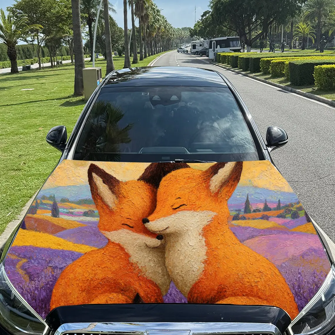 

Мечтательная лиса в пейзаже, виниловые наклейки на капот двигателя автомобиля из ПВХ, самоклеящаяся водонепроницаемая наклейка на капот автомобиля, защита украшения автомобиля