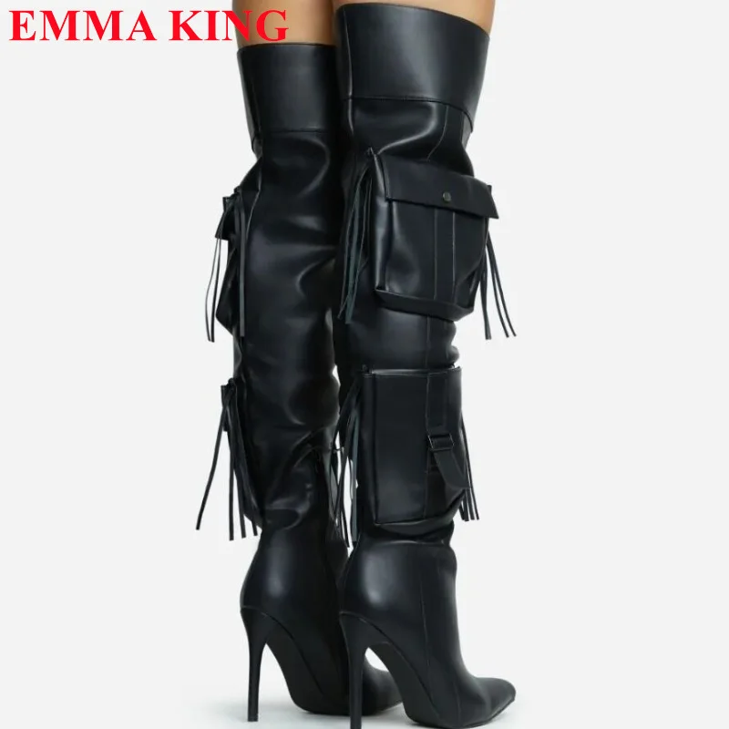 Winter Autumn Women Pocket Fringe Thigh High Black Brown Pointed Toe Over The Knee Boots Ladies High Heel Shoes Long Boots Woman