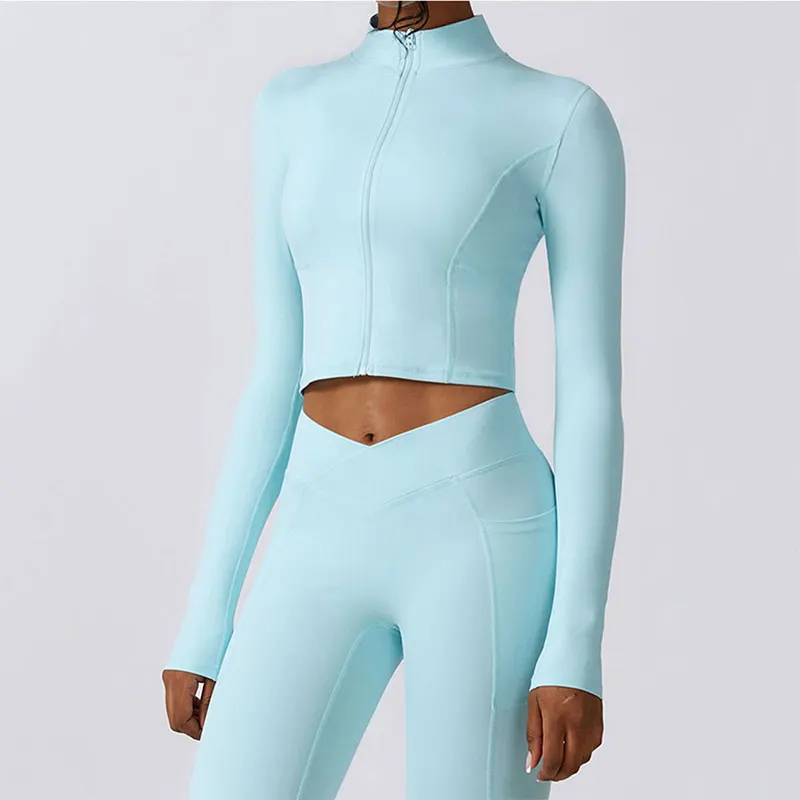 New High Class Vertical Collar Sports Yoga Jacket Women Slim Slim Long Sleeve Coat Fast Drying Running Zipper Fitness Suit Top