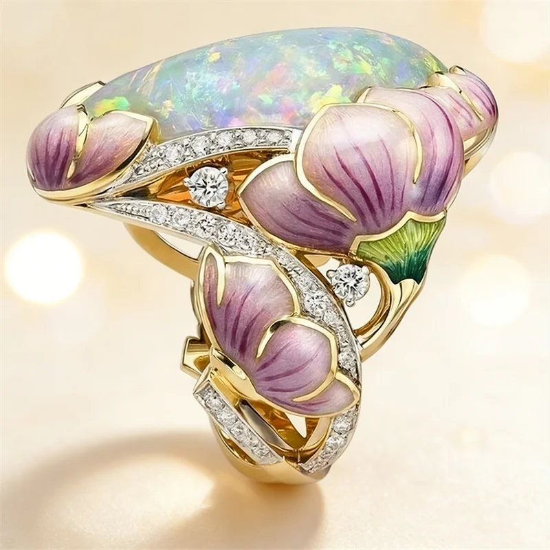 Delicate Fashion Gold Color Floral Ring Lavender Fuchsia Lotus Enamel Oval Cut Fire Stone Bridal Engagement Rings for Women