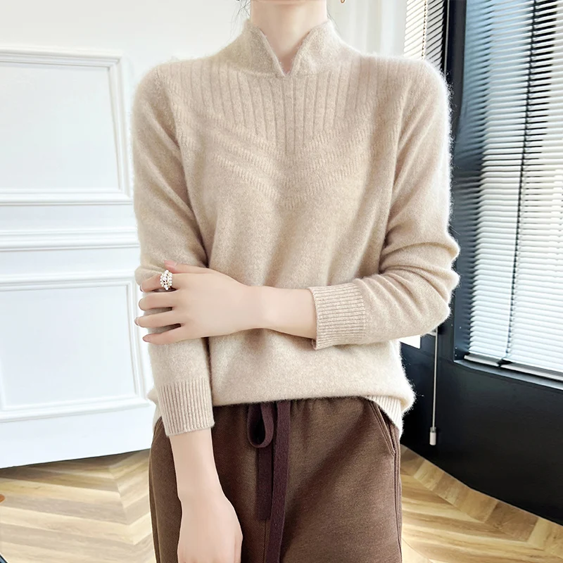 Moda Damska 100% Wełna Merino Jednolity Kolor Stójka Sweter Długi Rękaw Pulower Kaszmir Miękki Ciepły Delikatny Top Odzieżowy