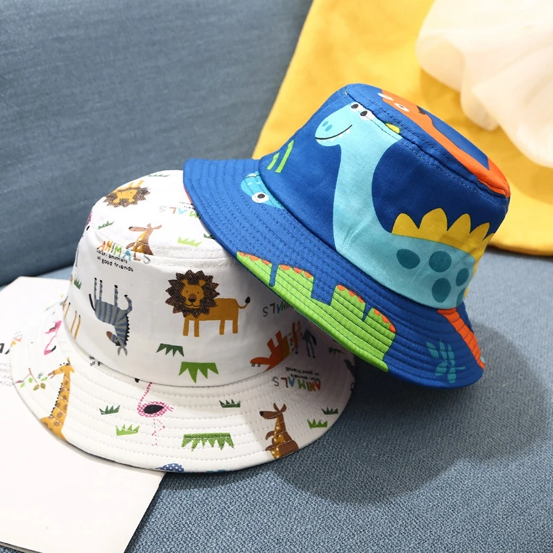 Baby Summer Fashion Beach Caps 2022 Dinosaur Pattern Panama Children Kids Bucket Hats Cartoon Pattern Sun Hat Breathable Cotton