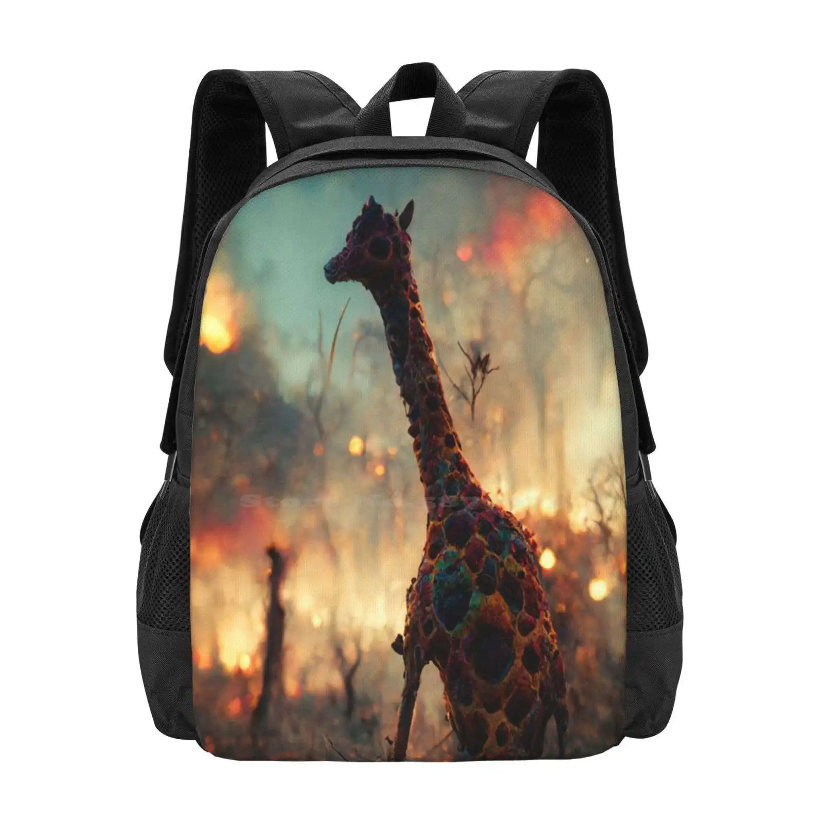 A Giraffe Escaping From A Cataclysm. Pattern Design Laptop Travel School Bags 3D Render Apocalypse Apocalyptic Landscape