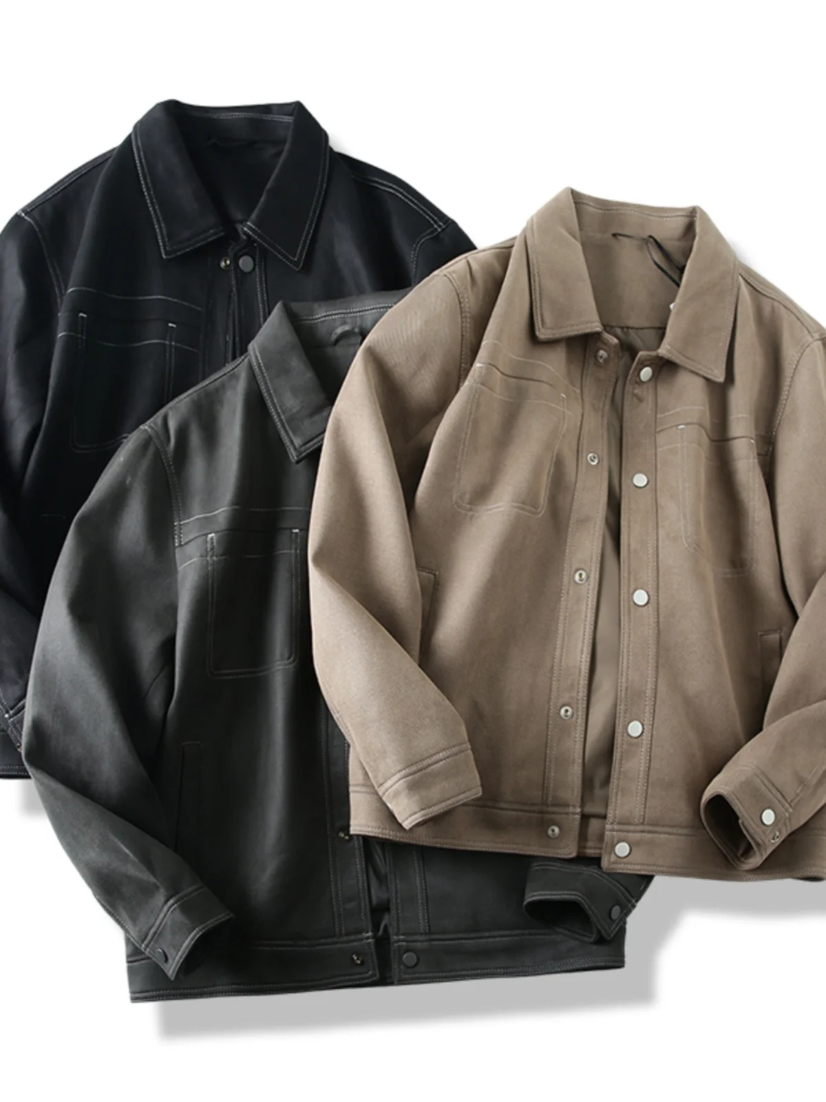 

Retro Suede Casual Jaet Collared Men's Faion Urban Sle Long Sve Autumn Outerwear Youth Daily Wear Stand Fit