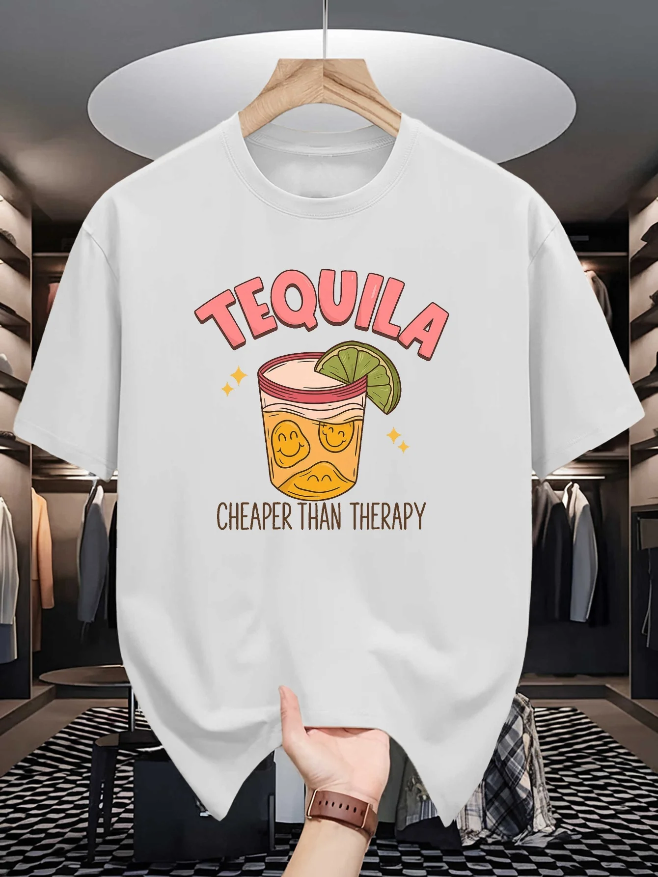 T-shirt à col rond pour homme, imprimé graphique rétro avec motif de tasse de tequila, en coton doux, coupe ample, manches courtes, décontracté, streetwear masculin pour l'été