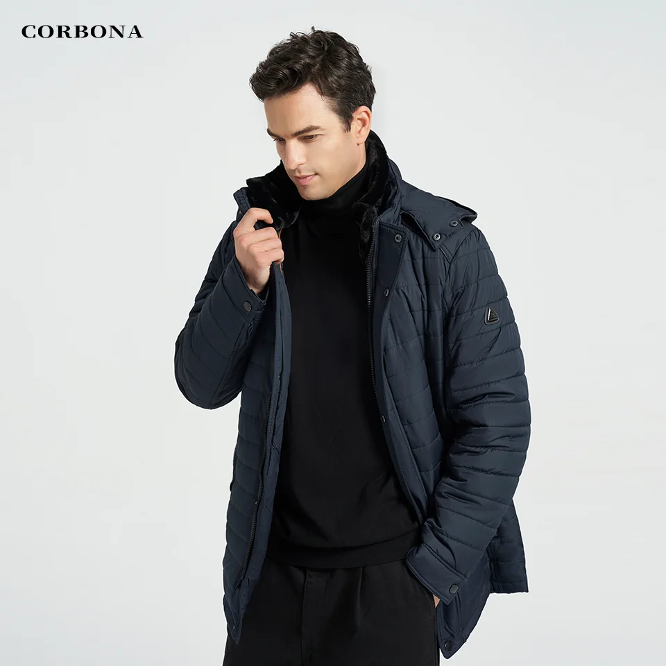 CORBONA 2024 Keep Warm Thicken Mens Winter Windproof Coat Fur Collar High Quality Cotton Lining Dark Hooded Male Jacket Parka