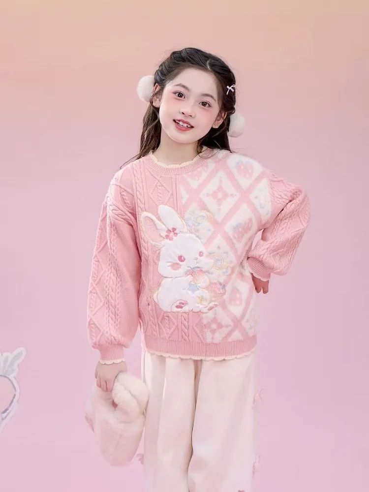 سترة أطفال جديدة للخريف والشتاء، سترة صوفية كرتونية سميكة ودافئة للفتيات، بلوزة سفلية على شكل أرنب لطيف للأطفال