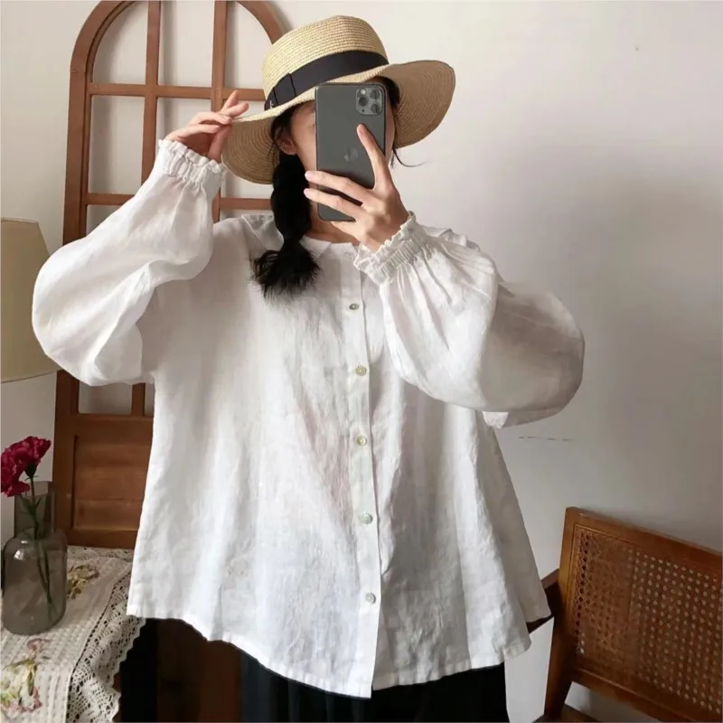 Johnature New Women Tops 2024 Spring Summer Vintage Linen Women Turn-down Collar Loose Simple Casual Solid Color Blouses