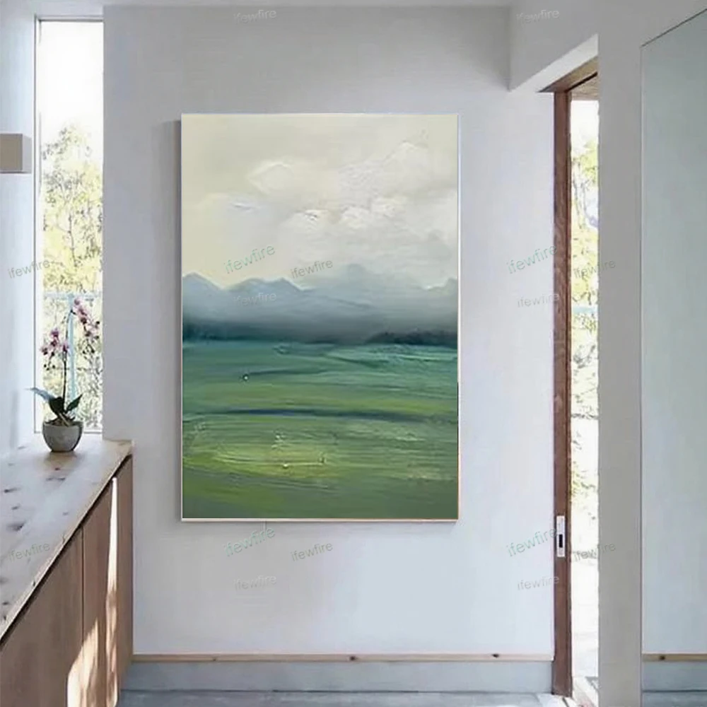 

Hot Selling Vertical Home Decor Art Picture Hand-Painted Modern Oil Paintings Gold Leaf Green Abstract City Canvas Painting Trim