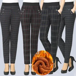 Pantalones de rejilla de terciopelo grueso para mujer, calzas ajustadas de cintura alta, pantalones pitillo elásticos, talla grande, invierno, 2023