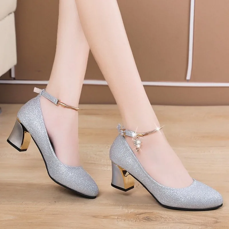 5Cm Mid Heel High Heels Silver Shiny Sequin Party Wedding Shoes Fashion Chunky Heels Chain Ankle Strap Ladies Pumps Plus Size 41