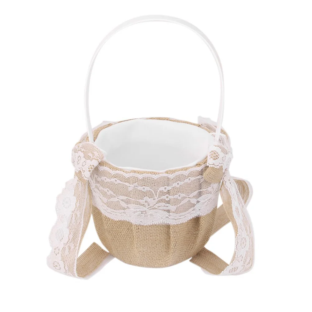 

Burlap Flower Girl Basket White Hamper Rustic Wedding Favor Hessian Decor Lace Bowknots Storage Baskets Vintage Style