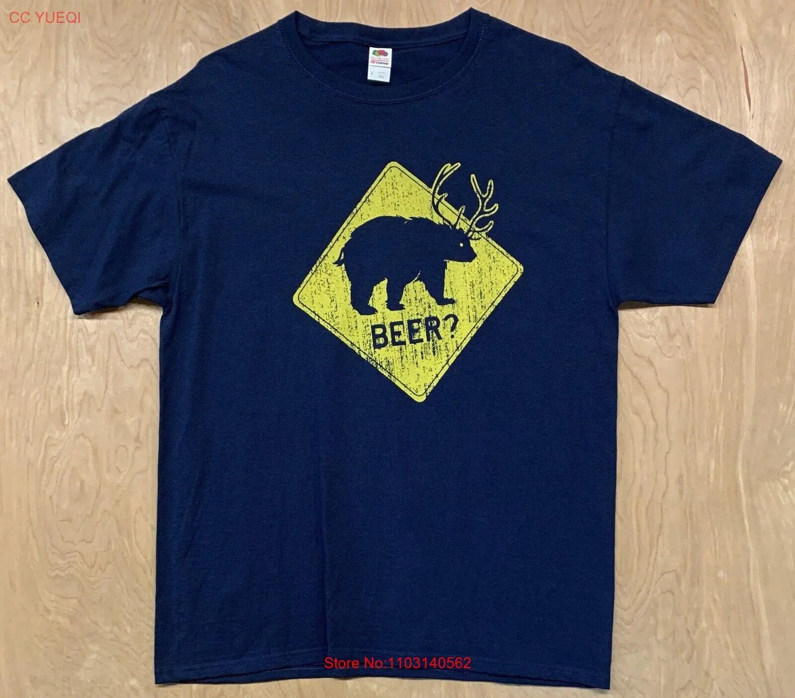 

Beer Road Sign Bear/Elk Drunk Funny Road Crossing T-Shirt Size Large Navy Blue