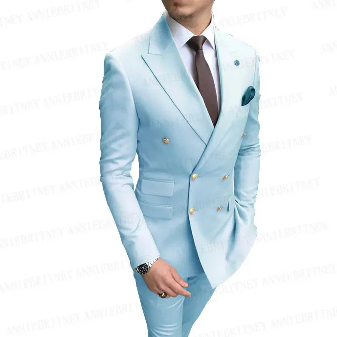 

Sky Blue Gold Buttons Men Suit Double Breasted Formal Wedding Suits For Men Custom Slim Fit 2 Piece Groom Prom Tuxedo Blazer Set