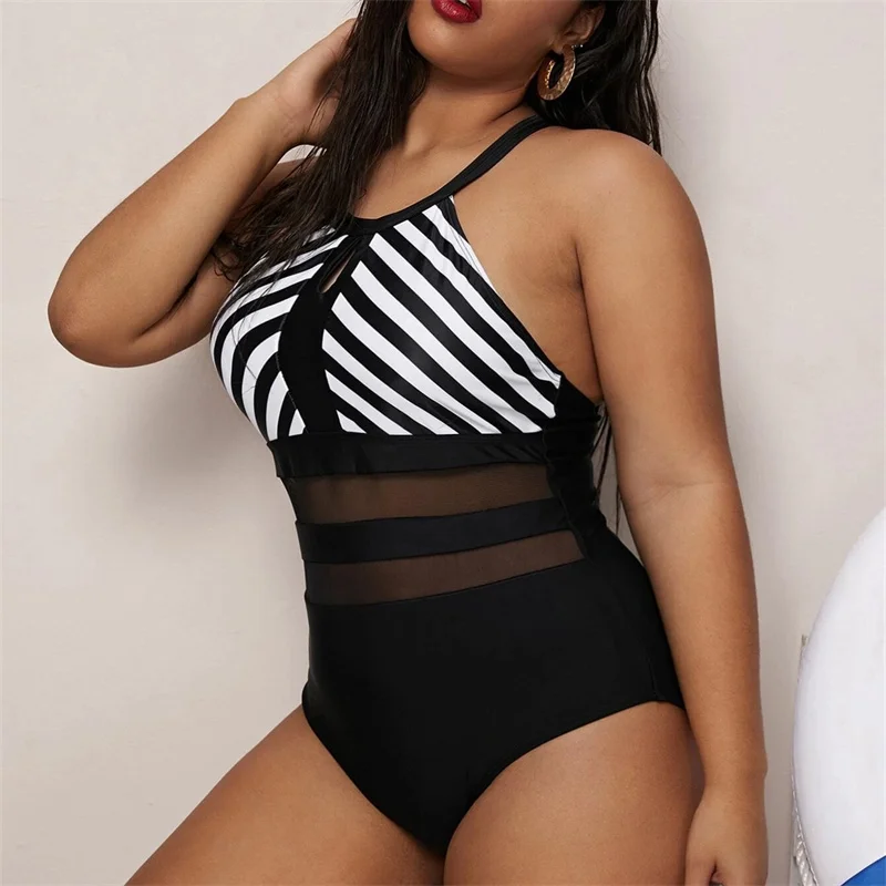 2024 Women One-piece Swimsuit Padded Plus Size Swimming Costume Female High Neck Solid Beachwear Mesh Swimwear S-4XL Monokini