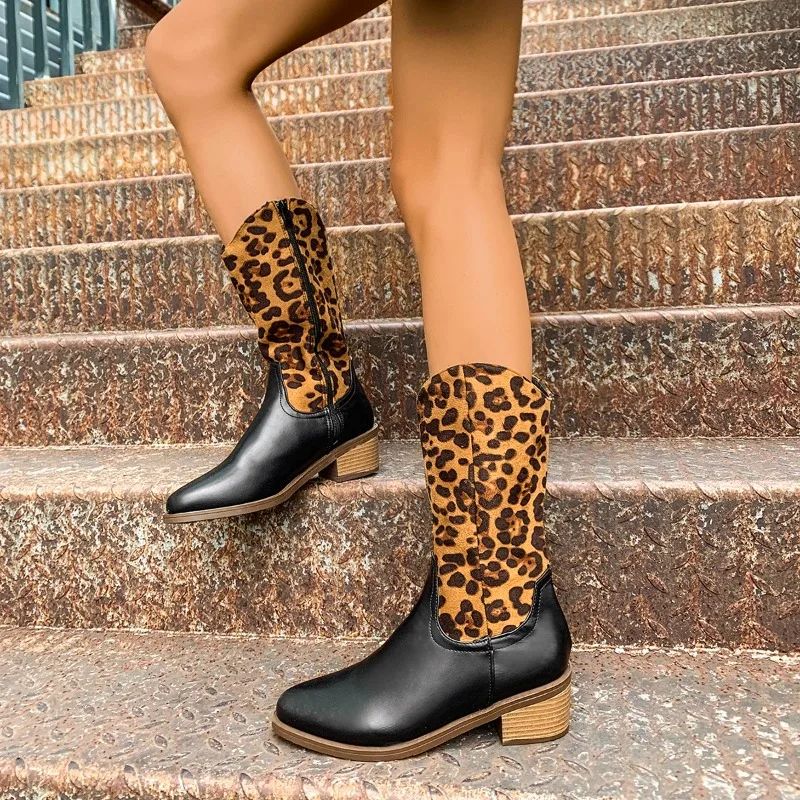 

European and American plus size high-heeled women's boots 2024 autumn and winter leopard print thick heel pointed midsole boots