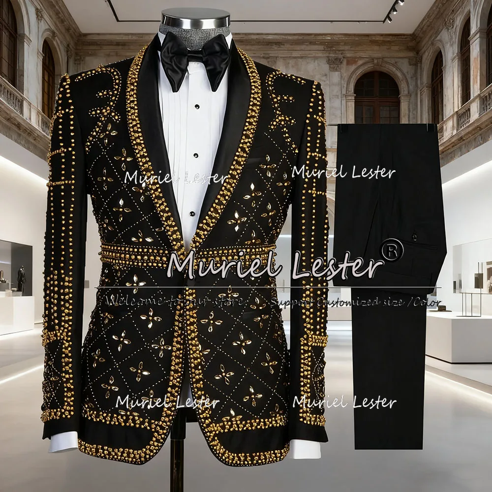 

Gold Jewelry Rhinestones Groom Wedding Suits 2 Pieces Sets Customized Single Breasted Prom Tuxedos Man Prom Blazer Costume Homme