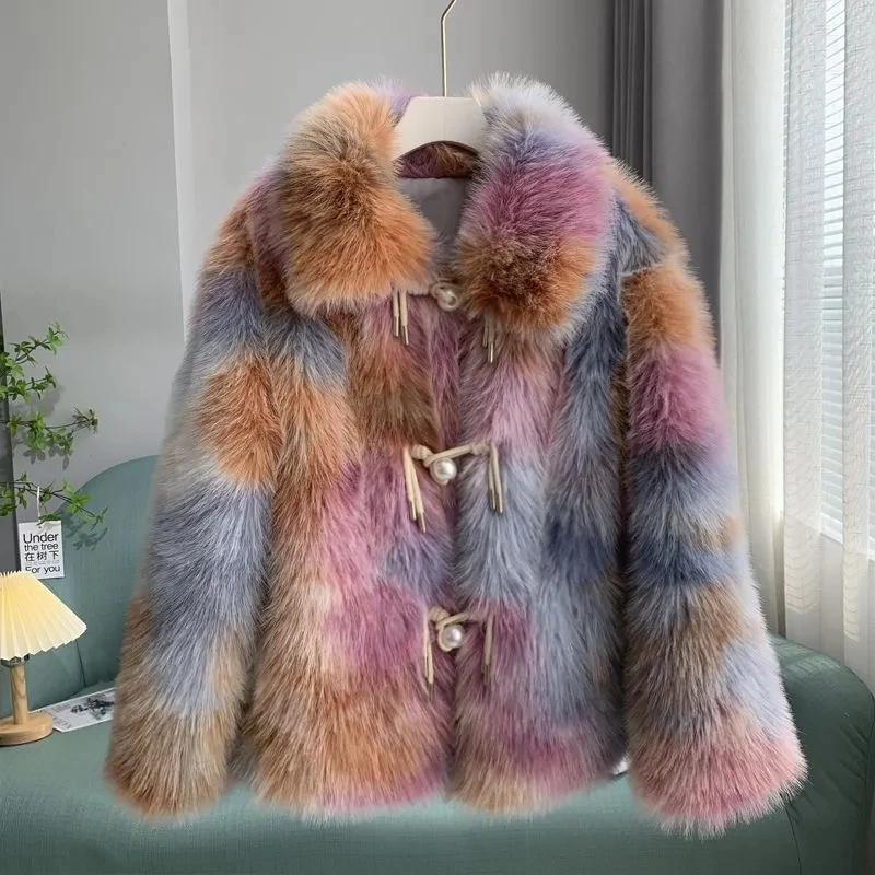 2023 New Korea Faux Fox Fur Grass Coat Women's Winter Jacket Mid Long Pearl Buckle Artificial Fur Coat Female Outerwear Cothing