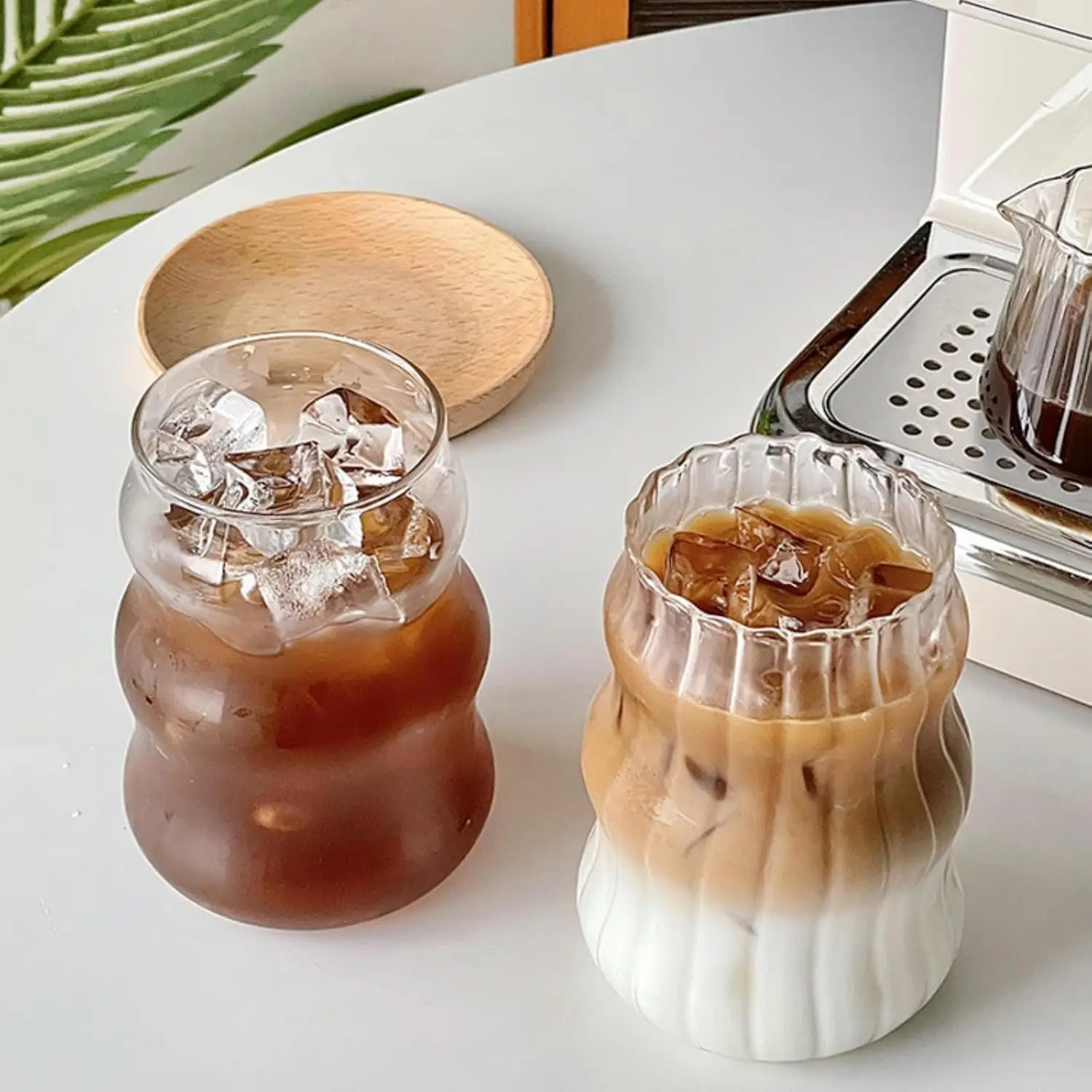 

18 oz Ribbed Glass Cups 2 Pcs Vintage Drinking Glasses Wave Design Bubble Tumblers for Iced Coffee Juice Cocktail Milk Tea