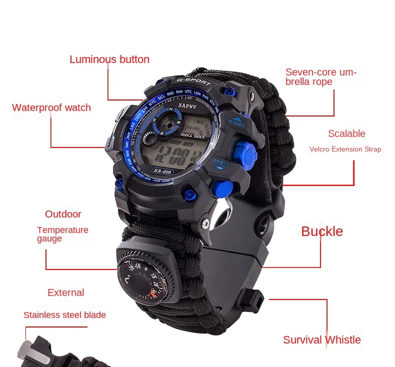 Survival Bracelets  7-in-1 Camping Gear Kits,Detachable Parachute Rope,Fire Starter,Embedded Compass,Whistle ,Watch Multitoos