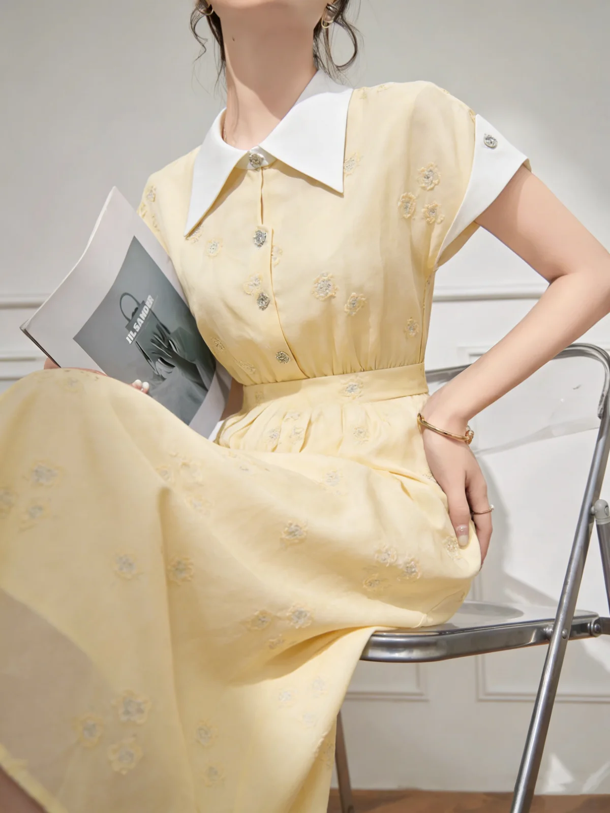

Lulu Korean Style Versatile Yellow Short Sleeve Long Dress Women's Summer New Waist-Cinching Dress Sweet High Waist A-Line Skirt