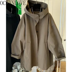 OCEANLOVE Hooded Maillard Style Jackets for Women Loose Autumn Winter Vintage Chaquetas Korean Fashion Solid Ropa De Mujer