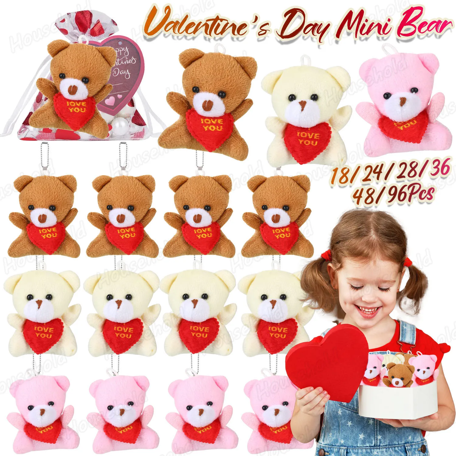 28Pcs Valentine's Day Mini Bear 6cm Small Plush Stuffed Bear for Classroom Tiny Bear Keychain for Boys Girls Valentine Mini Gift