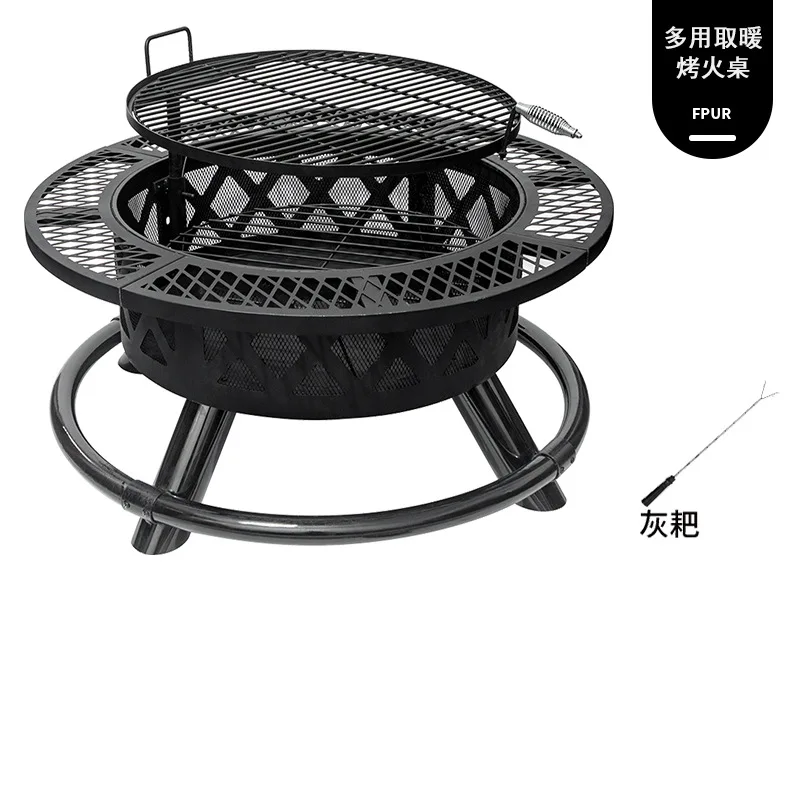 Outdoor Charcoal BBQ Grill, 2-in-1 Fire Pit for Patio, Indoor Heating and Cooking, Garden Table, Home Fireplace