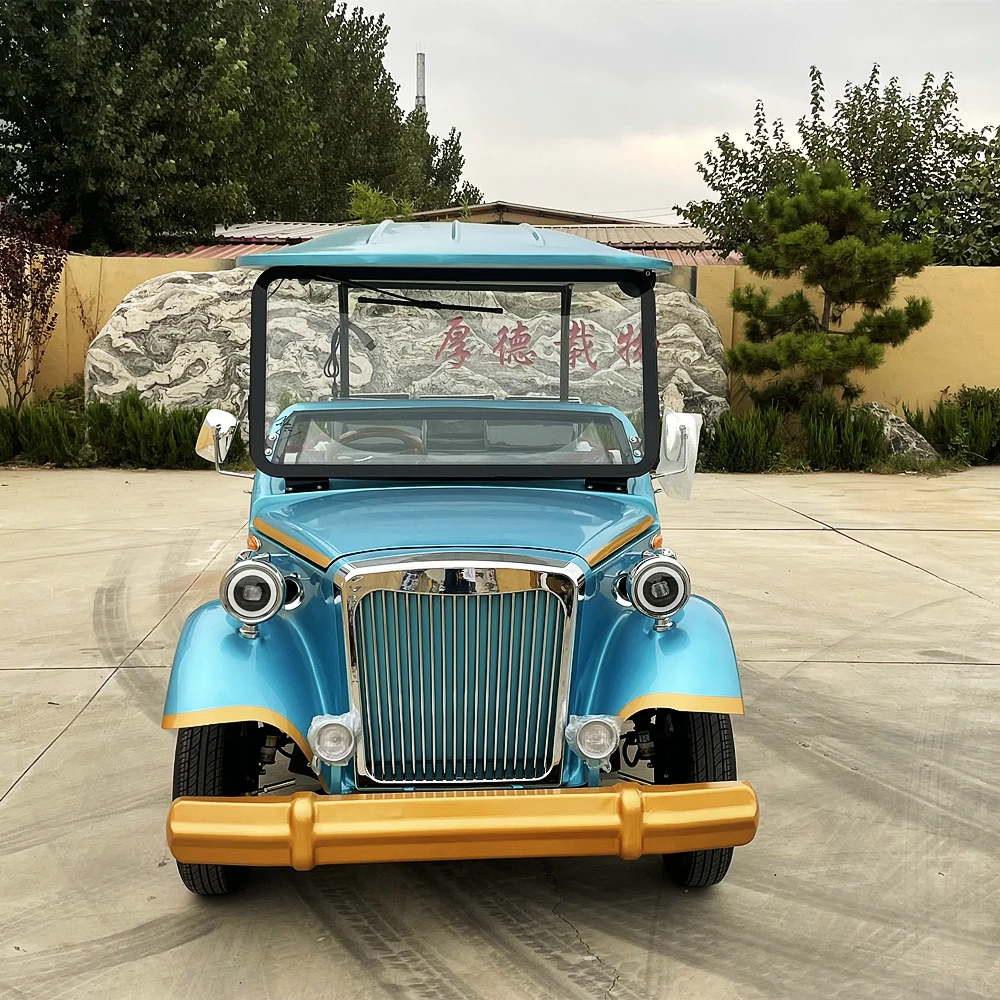 Blue Electric Classic Car 6 Seater Vintage Cart Sightseeing Bus Three Rows of Seats 3+3 Seats 6 Passengers