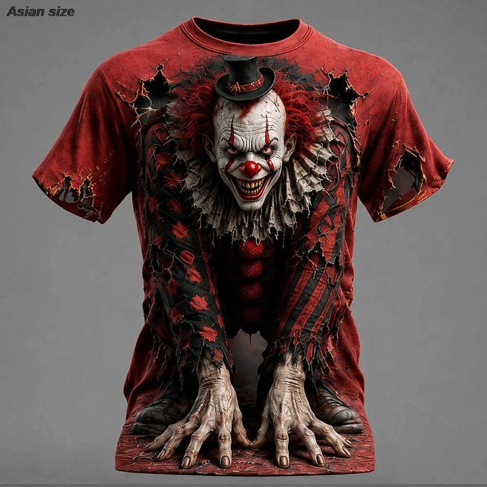 Halloween Visual Illusion Scary Clown 3D Print Breathable Men's Short-sleeved Round-neck T-shirt Street Casual Club Party Attire