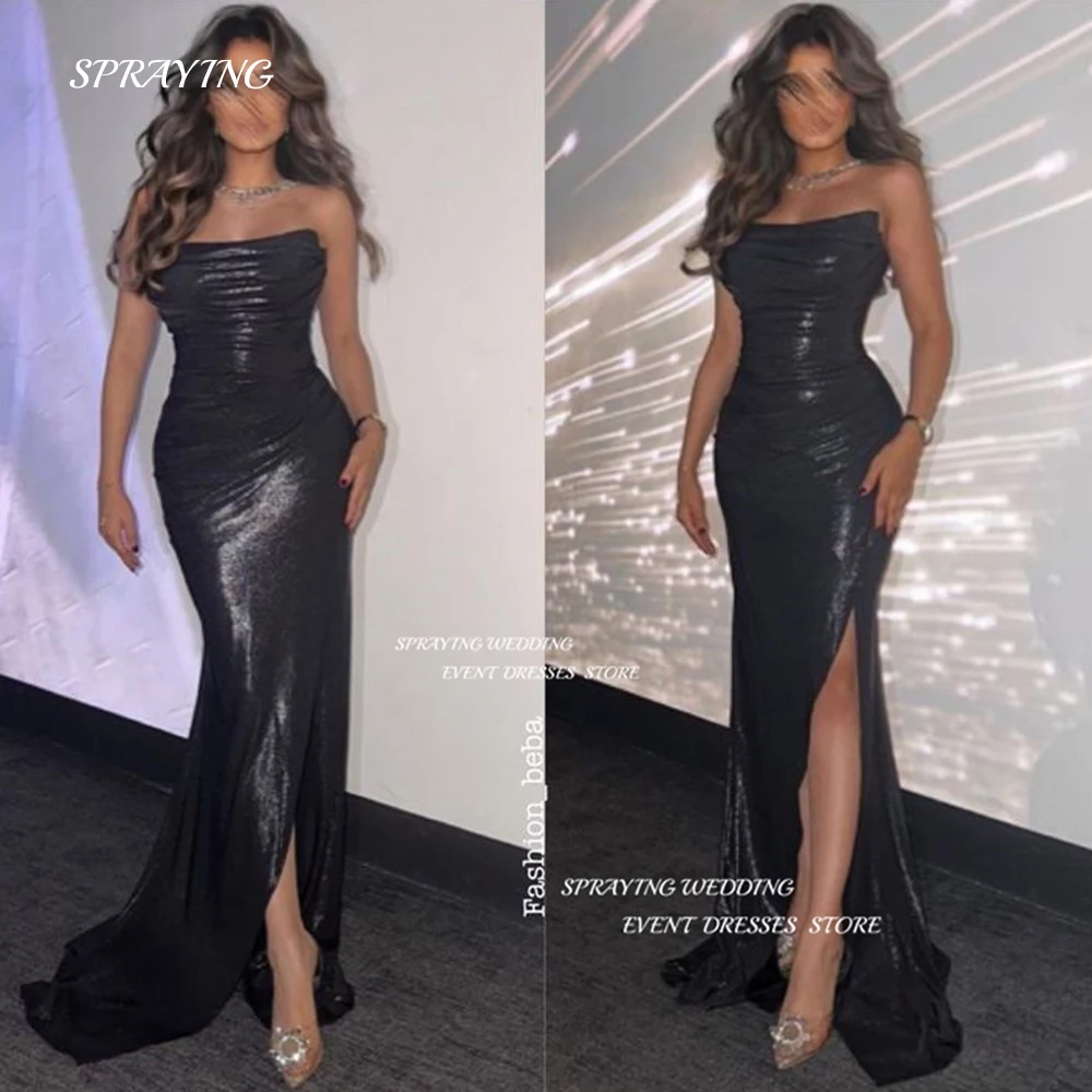 

SPRAYING Sexy Black Mermaid Evening Dress Strapless High Split Prom Gown Sleeveless Floor Length For Saudi Arabia Formal Dresses