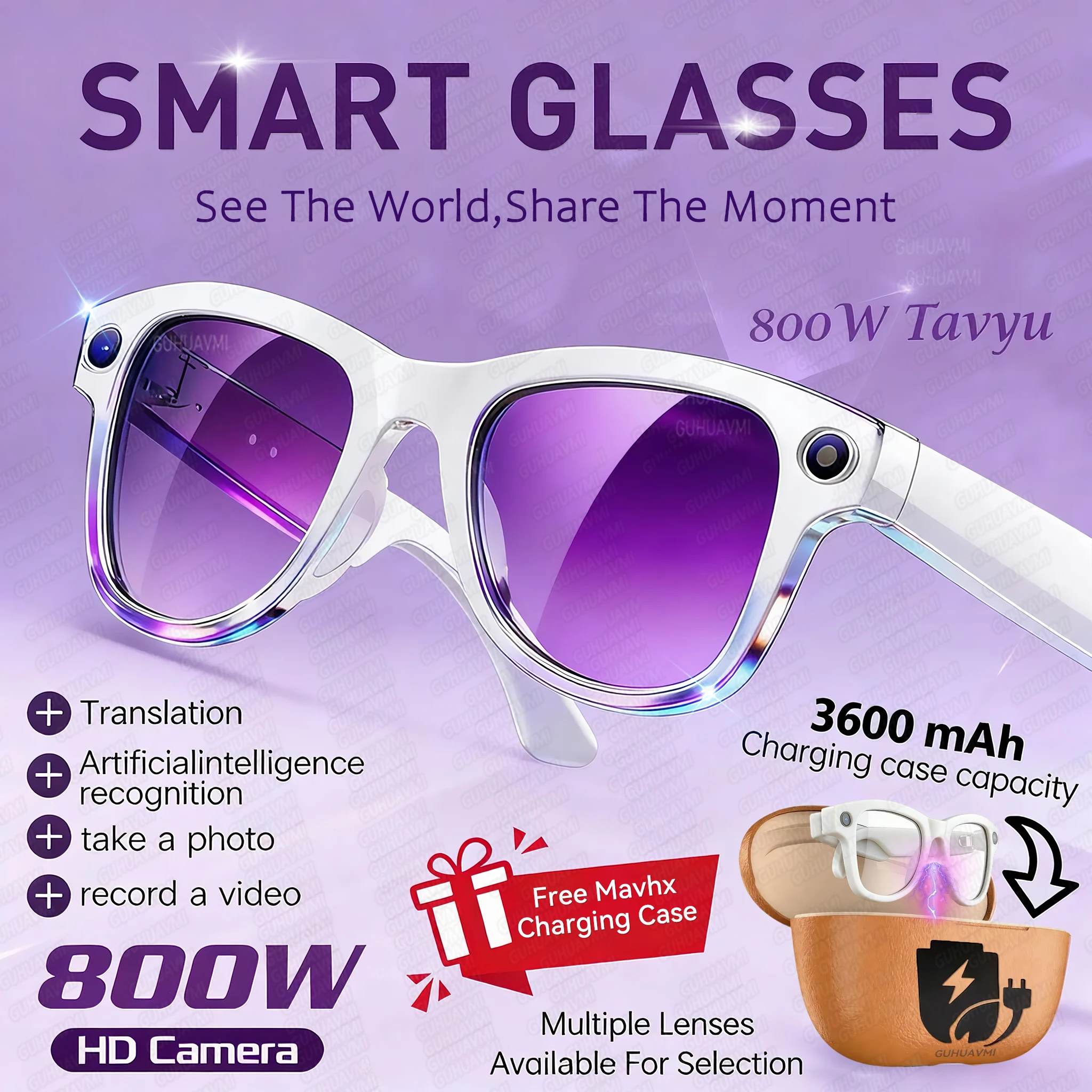 

2026 Smart Glasses Women 3600mAh Power Bank 800W Camera 120+Languages Translation Recording Videos Music Player Call Glasses Men