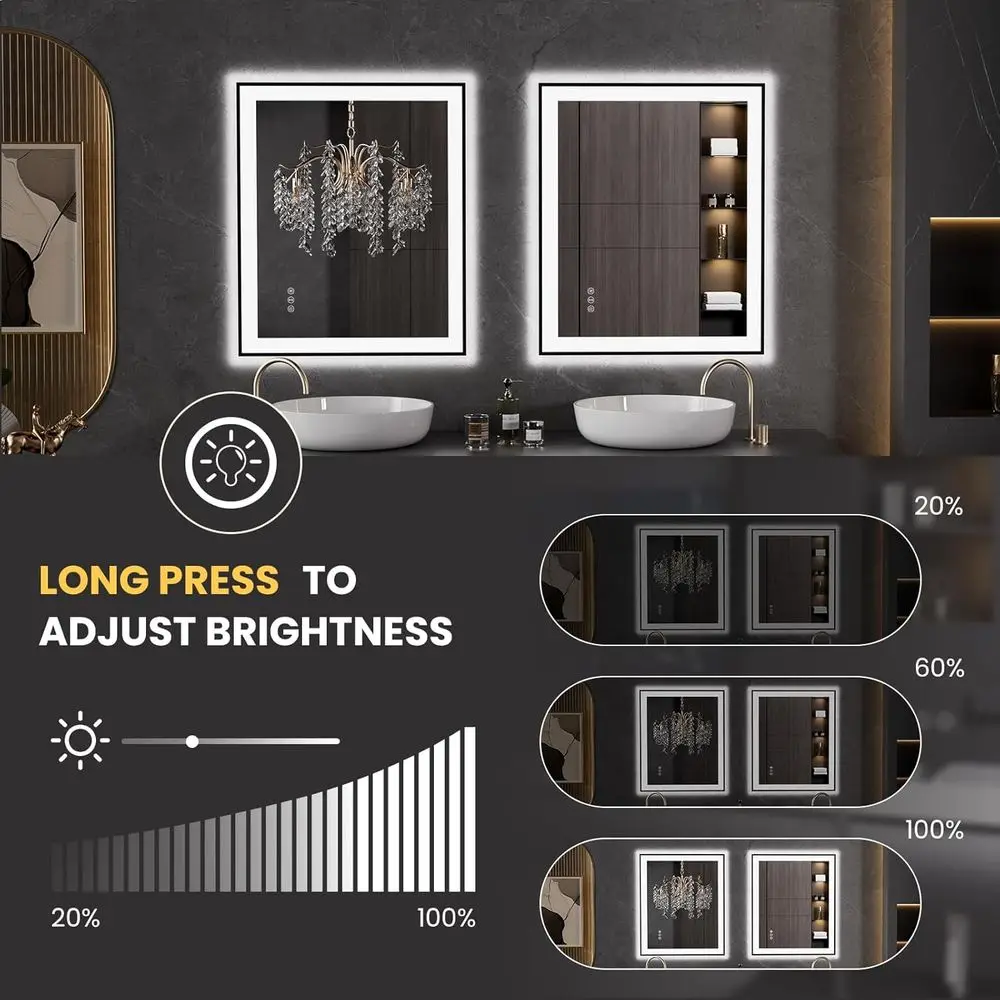 مرآة حمام LED مضادة للضباب مع إطار أسود، وإضاءة عكس الضوء، وزجاج مقسى، ووظيفة الذاكرة #3