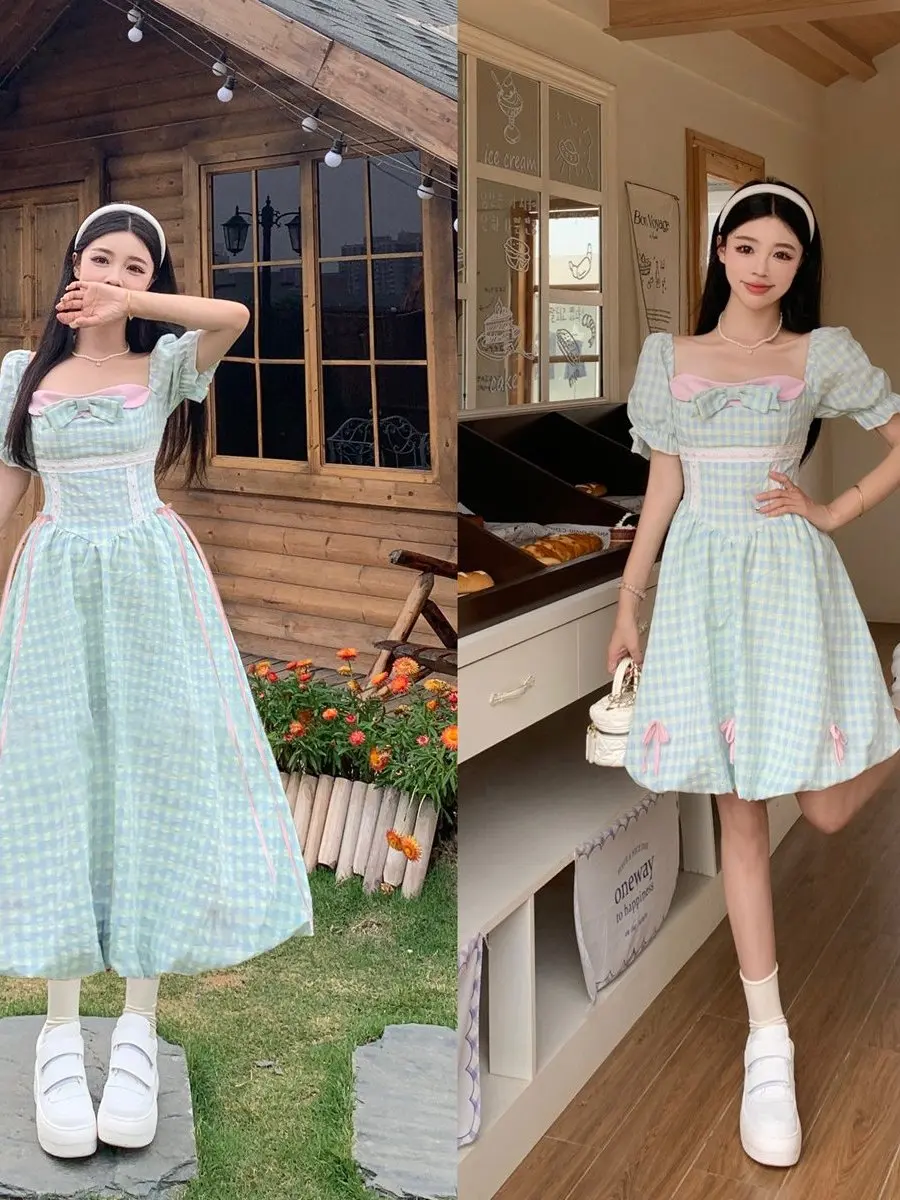 

plus Size Women's Summer New Sle Sweet Sea Salt Stberry Blue Cheered ort Sve Dr Princ A-Line Skirt Polyeste...