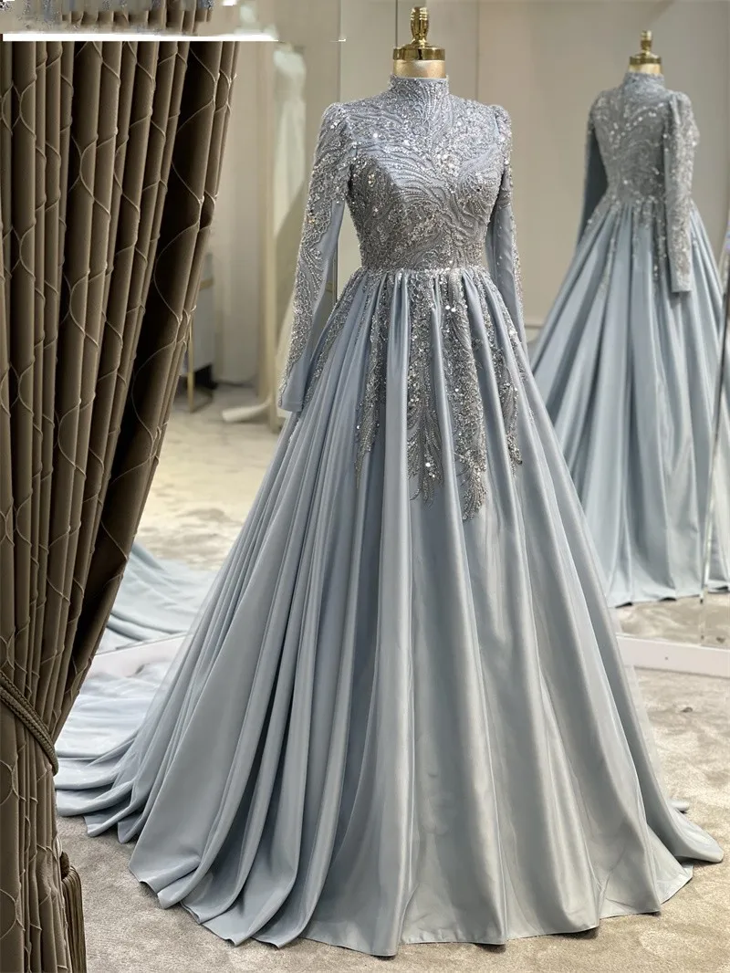 

Luxury Satin Appliques Beaded Prom Dresses Mermaid Lace Muslim Arabic Formal Party Gowns Women Wedding Guest Long Sleeve Dresses