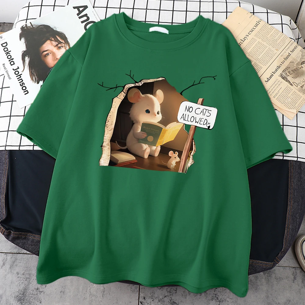 No Cats Allowed Mouse Reading Book Men T-Shirt Trend Oversized Tee Shirt Original Oversized T-Shirts Vintage Hip Hop Tee Tops