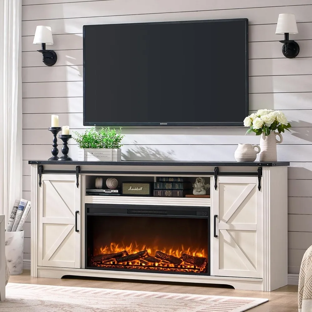 

Fireplace TV Stand for 80 Inch TV, Center with 36" Fireplace, Console with Sliding Barn Door & Storage Drawers