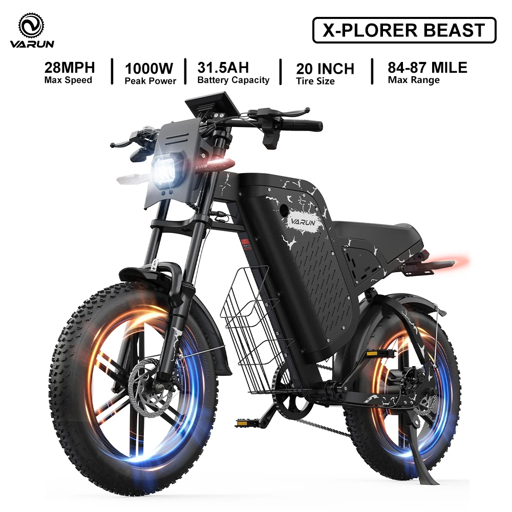 VARUN X-Plorer Rapto Adult Electric Dirt Bike, 48V 20.8Ah Battery, 1000W Peak Power, 20" Fat Tire, 28MPH Max Speed image 2