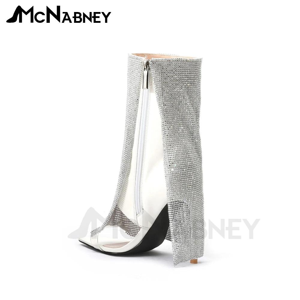 

Pointed Toe Rhinestone Sandal Boots Open Toe Stiletto Zipper Boots Fashion Bling Bling Summer Shoes Luxurious Design for Ladies