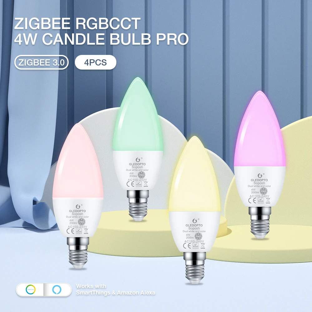 

Zigbee 3.0 4PCS Gledopto Brightness Adjustment RGBCCT LED Bulb Lamp 4W Pro Work With APP Amazon Alexa Voice RF Remote Control