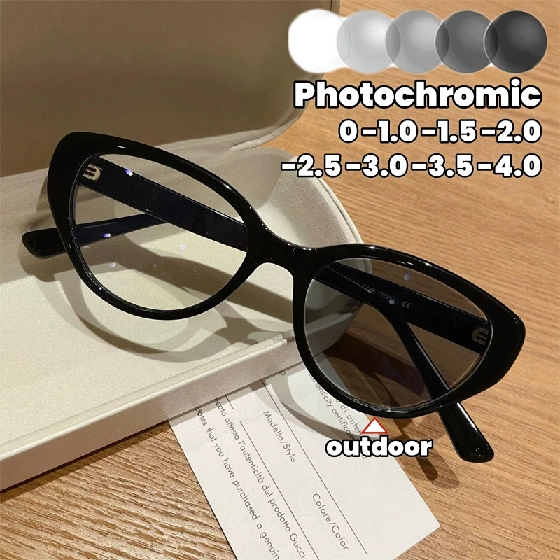 

Retro Versatile HD Color Changing Near Sight Glasses Mall Frame Cat Eye Photochromic Myopia Glasses Anti Blue Light Eyewear