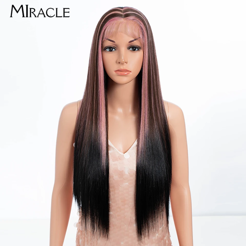 MIRACLE 13X7 Synthetic Lace Front Wig 28‘’ Straight Lace Wigs for Women Highlight Pink Blue Cosplay Hair Wigs Heat Resistant